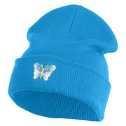 Small Decorative Blue Butterfly Iron on Patched 12 Inch Long Knitted Beanie - Aqua OSFM