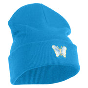 Small Decorative Blue Butterfly Iron on Patched 12 Inch Long Knitted Beanie - Aqua OSFM