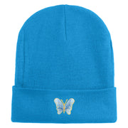 Small Decorative Blue Butterfly Iron on Patched 12 Inch Long Knitted Beanie - Aqua OSFM
