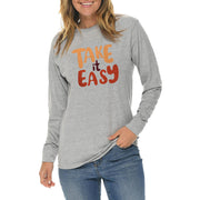 Take It Easy Graphic Long Sleeve Crewneck Tee - Heather-Grey XS