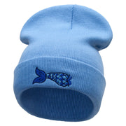 Mermaid Tail Embroidered 12 Inch Long Knitted Beanie - Sky-Blue OSFM