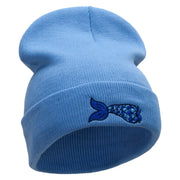 Mermaid Tail Embroidered 12 Inch Long Knitted Beanie - Sky-Blue OSFM