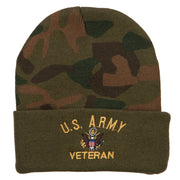 US Army Veteran Military Embroidered Camo Knit Long Beanie