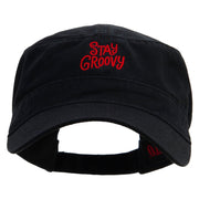 Stay Groovy Embroidered Garment Washed Adjustable Army Cap - Black OSFM