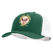 Licensed US Navy Circle Emblem Embroidered Contrast Trucker Cap - Evergreen-White OSFM