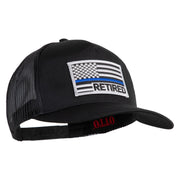 Silver USA Flag Retired Blue Line Patched Solid Cotton Twill 5 Panel Mesh Back Cap - Black OSFM