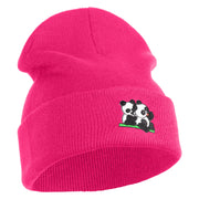 Twins Panda Bear Embroidered Patched 12 Inch Long Knitted Beanie - Magenta OSFM