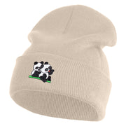 Twins Panda Bear Embroidered Patched 12 Inch Long Knitted Beanie - Birch OSFM