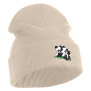Twins Panda Bear Embroidered Patched 12 Inch Long Knitted Beanie - Birch OSFM