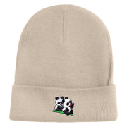 Twins Panda Bear Embroidered Patched 12 Inch Long Knitted Beanie - Birch OSFM