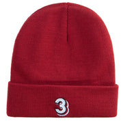 Number 3 Embroidered 12 Inch Long Knitted Beanie - Maroon OSFM