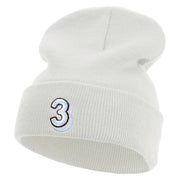 Number 3 Embroidered 12 Inch Long Knitted Beanie - White OSFM