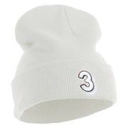 Number 3 Embroidered 12 Inch Long Knitted Beanie - White OSFM