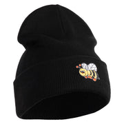 Smiling Bumble Bee Insect iron on Patched 12 Inch Long Knitted Beanie - Black OSFM