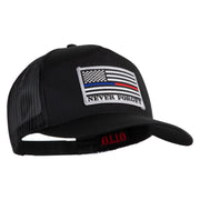 Silver USA Flag Never Forget Blue Red Line Patched Solid Cotton Twill 5 panel Mesh Back Cap - Black OSFM