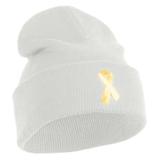 Yellow Awareness Embroidered Patched 12 Inch Long Knitted Beanie - White OSFM