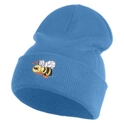 Smiling Bumble Bee Insect iron on Patched 12 Inch Long Knitted Beanie - Sky Blue OSFM