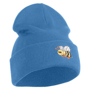 Smiling Bumble Bee Insect iron on Patched 12 Inch Long Knitted Beanie - Sky Blue OSFM