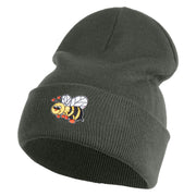 Smiling Bumble Bee Insect iron on Patched 12 Inch Long Knitted Beanie - Dark Grey OSFM