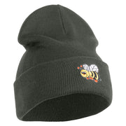Smiling Bumble Bee Insect iron on Patched 12 Inch Long Knitted Beanie - Dark Grey OSFM