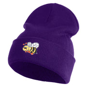 Smiling Bumble Bee Insect iron on Patched 12 Inch Long Knitted Beanie - Purple OSFM