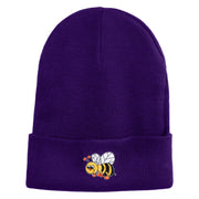 Smiling Bumble Bee Insect iron on Patched 12 Inch Long Knitted Beanie - Purple OSFM
