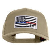 USA Flag EMT Silver Blue Red Patched Solid Cotton Twill 5 panel Mesh Back Cap - Khaki OSFM