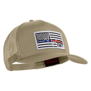 USA Flag EMT Silver Blue Red Patched Solid Cotton Twill 5 panel Mesh Back Cap - Khaki OSFM