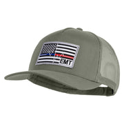 USA Flag EMT Silver Blue Red Patched Solid Cotton Twill 5 panel Mesh Back Cap - Grey OSFM