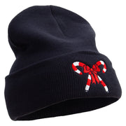 Christmas Double Candy Cane With Ribbon Embroidered 12 Inch Long Knitted Beanie - Black OSFM