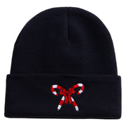 Christmas Double Candy Cane With Ribbon Embroidered 12 Inch Long Knitted Beanie - Black OSFM