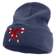 Christmas Double Candy Cane With Ribbon Embroidered 12 Inch Long Knitted Beanie - Navy OSFM