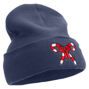 Christmas Double Candy Cane With Ribbon Embroidered 12 Inch Long Knitted Beanie - Navy OSFM