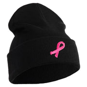 Breast Cancer Awareness Embroidered Patched 12 Inch Long Knitted Beanie - Black OSFM
