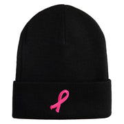 Breast Cancer Awareness Embroidered Patched 12 Inch Long Knitted Beanie - Black OSFM