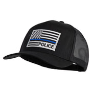 USA Flag Police Silver Blue Patched Solid Cotton Twill 5 panel Mesh Back Cap - Black OSFM
