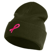 Breast Cancer Awareness Embroidered Patched 12 Inch Long Knitted Beanie - Olive OSFM