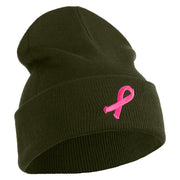 Breast Cancer Awareness Embroidered Patched 12 Inch Long Knitted Beanie - Olive OSFM