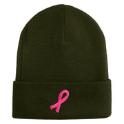 Breast Cancer Awareness Embroidered Patched 12 Inch Long Knitted Beanie - Olive OSFM