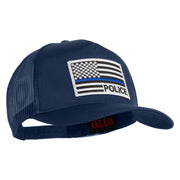 USA Flag Police Silver Blue Patched Solid Cotton Twill 5 panel Mesh Back Cap - Navy OSFM