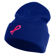 Breast Cancer Awareness Embroidered Patched 12 Inch Long Knitted Beanie - Royal OSFM