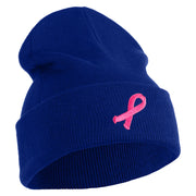Breast Cancer Awareness Embroidered Patched 12 Inch Long Knitted Beanie - Royal OSFM