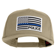 USA Flag Police Silver Blue Patched Solid Cotton Twill 5 panel Mesh Back Cap - Khaki OSFM