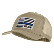 USA Flag Police Silver Blue Patched Solid Cotton Twill 5 panel Mesh Back Cap - Khaki OSFM