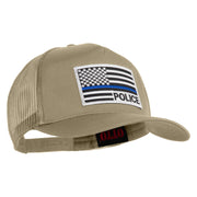 USA Flag Police Silver Blue Patched Solid Cotton Twill 5 panel Mesh Back Cap - Khaki OSFM