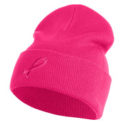 Breast Cancer Awareness Embroidered Patched 12 Inch Long Knitted Beanie - Magenta OSFM