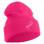 Breast Cancer Awareness Embroidered Patched 12 Inch Long Knitted Beanie - Magenta OSFM