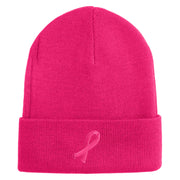 Breast Cancer Awareness Embroidered Patched 12 Inch Long Knitted Beanie - Magenta OSFM