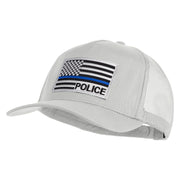 USA Flag Police Silver Blue Patched Solid Cotton Twill 5 panel Mesh Back Cap - White OSFM