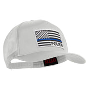 USA Flag Police Silver Blue Patched Solid Cotton Twill 5 panel Mesh Back Cap - White OSFM